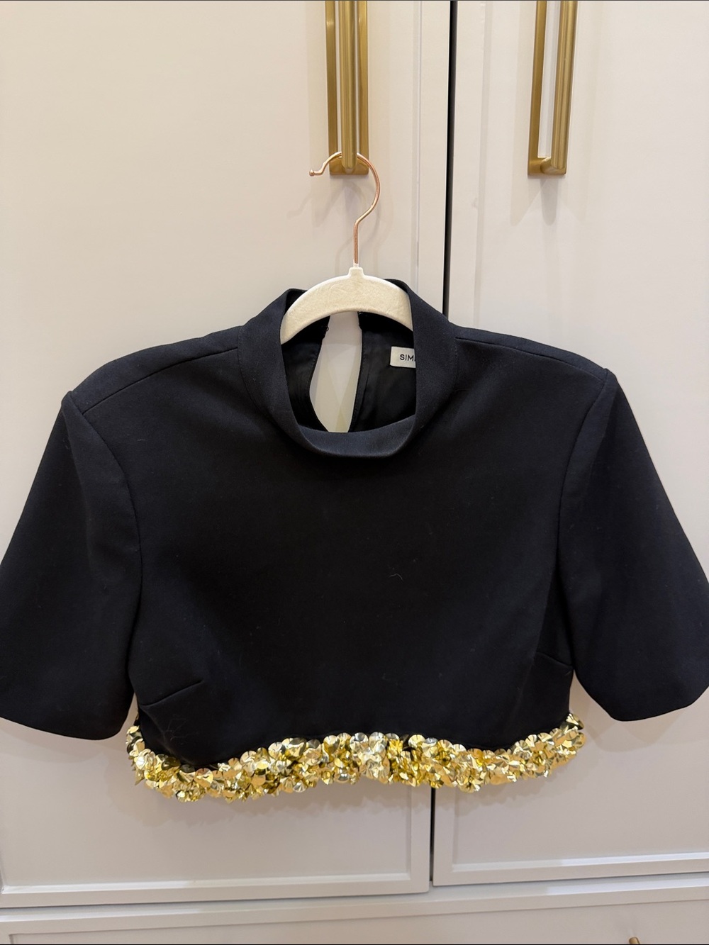 Simkhai Black Short Sleeve Cropped Top with Gold Sequin Hem